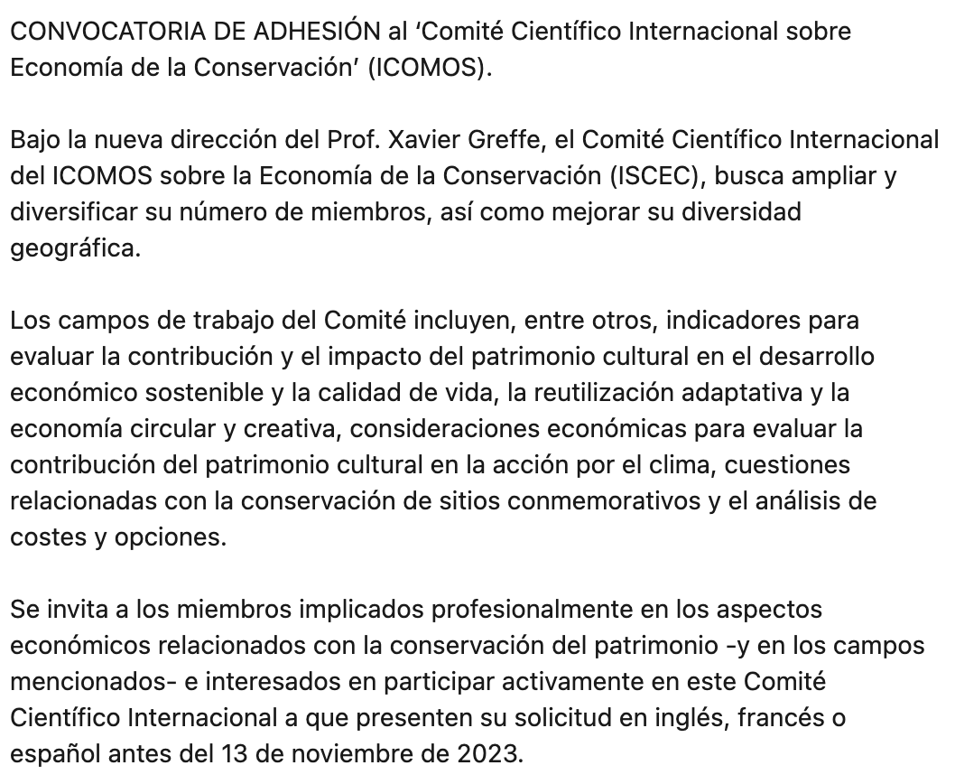 ICOMOS_esp's tweet image. CONVOCATORIA DE ADHESIÓN al ‘Comité Científico Internacional sobre Economía de la Conservación’ (#ISCEC) del #Patrimonio.

Quien tenga interés en participar, debe presentar su solicitud antes del 13 de nov. de 2023 (en ingl., fr. o esp.). 

Más info. en: 
icomos.org/en/89-english-…