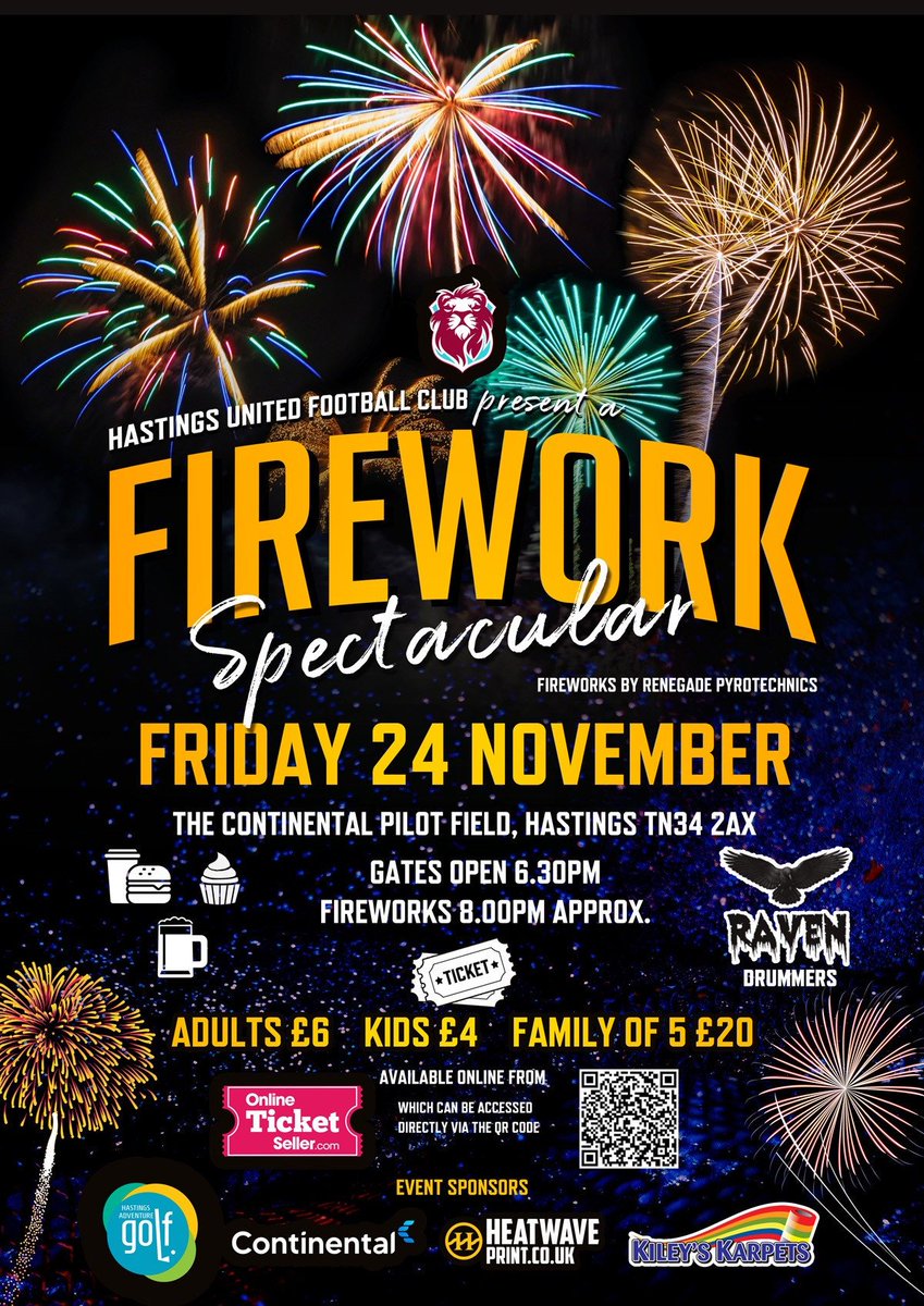 HastingsUFCW's tweet photo. FIREWORK
SPECTACULAR 🎆
We look forward to welcoming you to our ever popular Family Firework event at the Continental Pilot Field 💥⚡️
Grab your tickets here https://t.co/Z8sz1BwLog
#COYU
#FireworkSpectacular
#HUFC https://t.co/cXLARRRVfJ