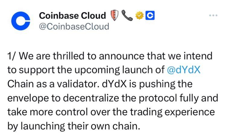 kuruksirojy's tweet photo. Exciting news! Coinbase Cloud is joining forces with dYdX as a validator, strengthening the foundation of the decentralized exchange protocol. The journey to complete decentralization and enhanced user experience is gaining momentum. ๐๐ #CoinbaseCloud #dYdXChain #DecentralizationInProgress
