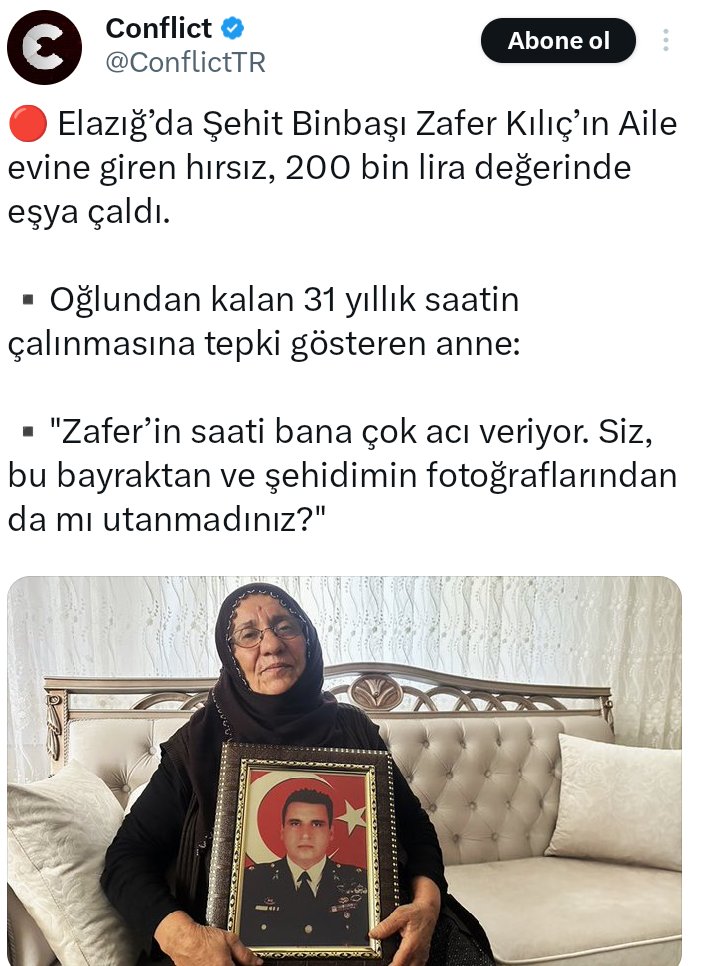 Bir RT ile bize yardım eder misiniz?
Şehidimizin emanetlerine paha biçilemez. Tez zamanda hiçbir seye zarsr gelmeden bulup kederli ailesine teslim edilecegine inancımız tamdır.
<a href="/ElazigEmniyeti/">Elazığ Emniyet Müdürlüğü</a> <a href="/AliYerlikaya/">Ali Yerlikaya</a> <a href="/EmniyetGM/">Türk Polis Teşkilatı</a> 
<a href="/REM__BEN/">R E M</a> @HalukveHaluk 
<a href="/TTAgrup/">TTA Grup</a> <a href="/hakaanyzb/">Yzb Hakan</a> <a href="/yzbprice_/">Yüzbaşı Price</a>
