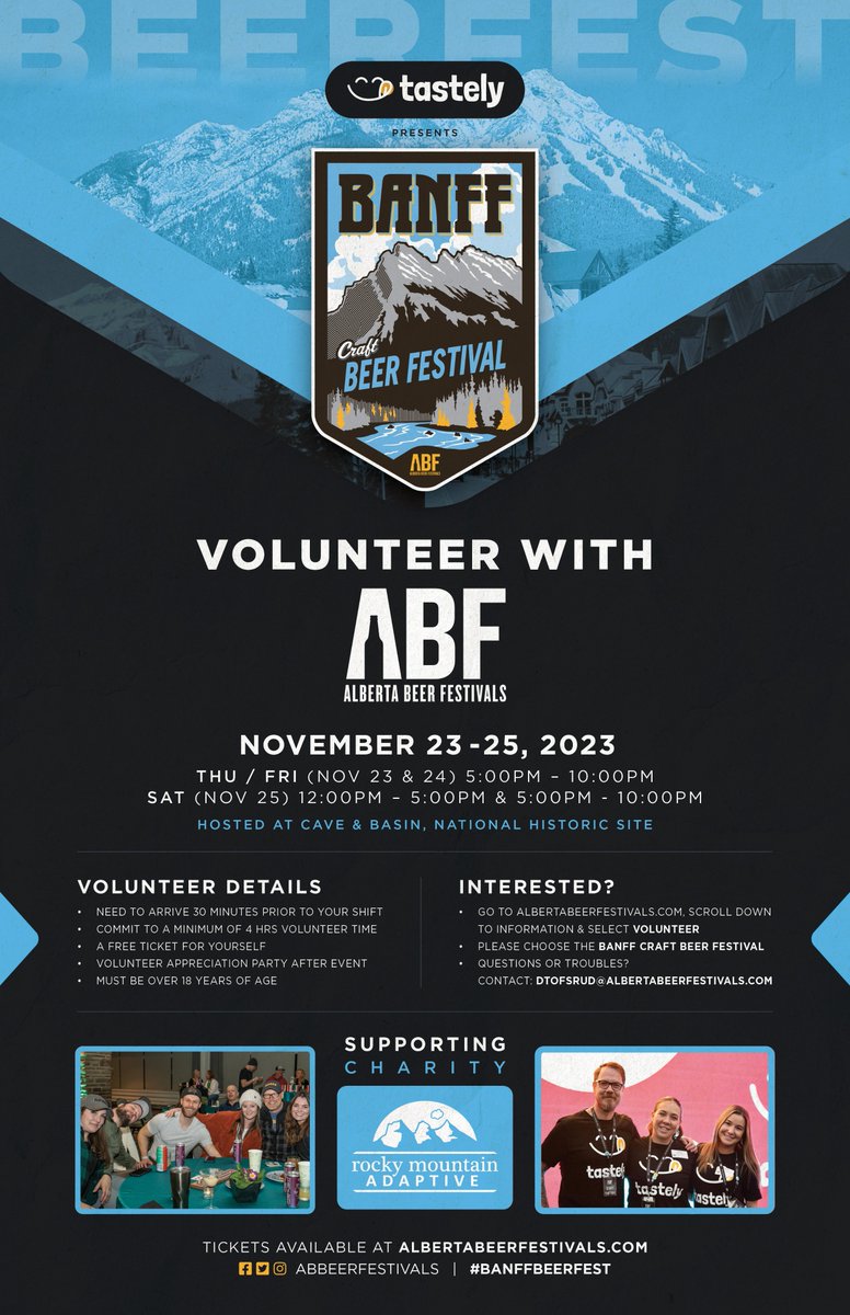 dtofsrud's tweet photo. Still spots left to volunteer at #BanffBeerFest, sign up at https://t.co/Kdmvz0tJEx if you're interested! or email dtofsrud@albertabeerfestivals.com for more info https://t.co/HUCJEecNvF