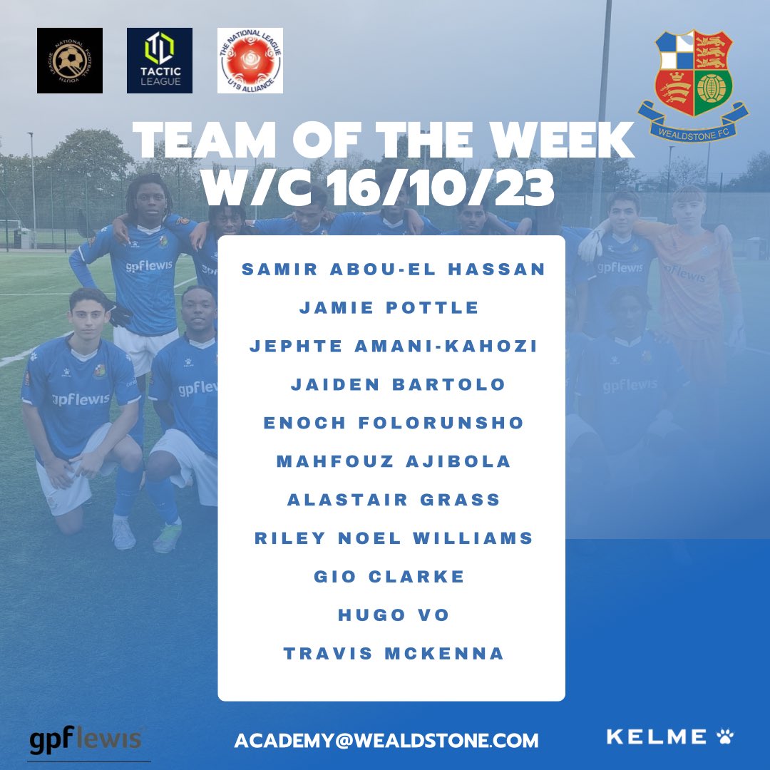 WealdstoneFCA's tweet photo. β½οΈ | π π π π π π π
Hereβs how our Academy #TOTW looks this week.
#playlearntrain
#wealdstonefcacademy https://t.co/9zydcv4DMU