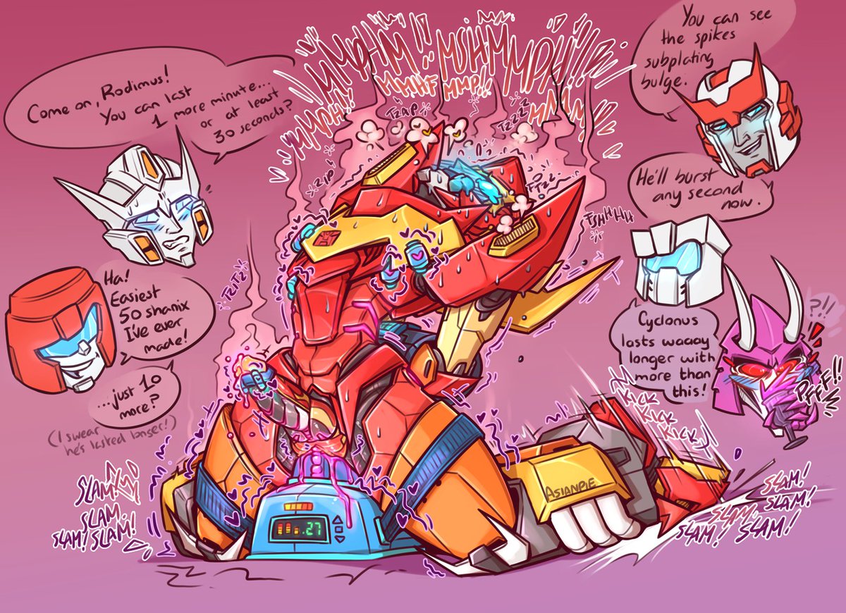 AstroPep's tweet photo. my late half of the #kinklabtober collab with @recycledmasky, day 17 (Overstim). They provided a good pose n inspired me (I was a little stumped before)

Challenged to see how long he'd last, Roddy was a bit overconfident n told em to put it on max
#valveplug #rodimus https://t.co/KRD4dpA1DL