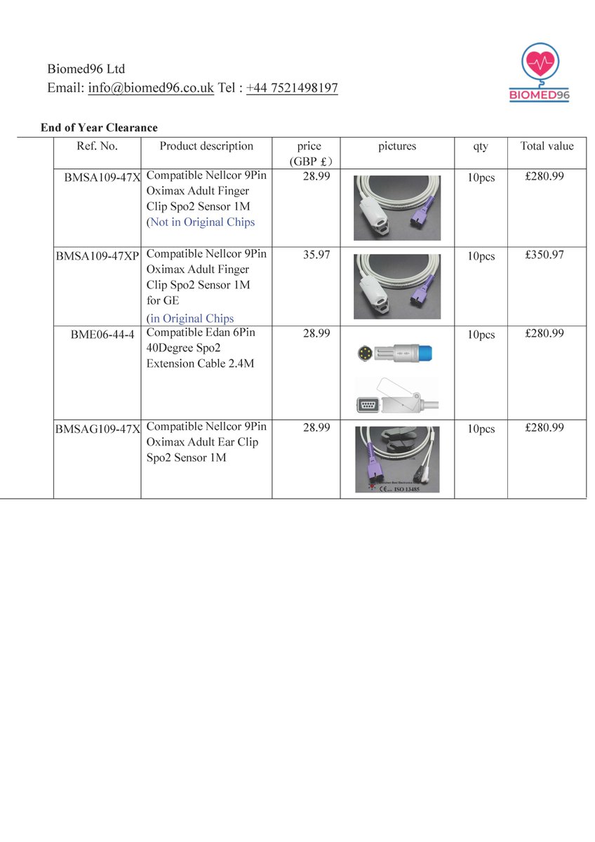 Biomed96L's tweet photo. Check out our price list for DS100 &amp; DS100A Nellcor SPO2 cable &amp; sensor. Plus, we are offering FREE delivery for NHS.  #patientmonitoring #ebmeexpo #clinicalengineering #clinicalengineer #biomedicalengineering #biomedicalengineer #SPO2sensor #nhsuk #nhs #nhsengland #nhswales https://t.co/LQByHMeSGJ