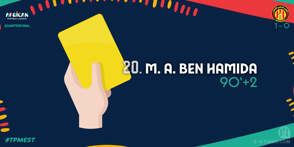 ESTuniscom's tweet photo. ⏱ 90'+2 | #AFL #AfricanFootballLeague Quarterfinal #TPMEST | 🇨🇩@TPMazembe 1⃣-0⃣ @ESTuniscom🇹🇳 : 🟨 M. A. Ben Hamida (EST) is booked / بطاقة صفراء / Carton jaune https://t.co/0rIa1M2U8K