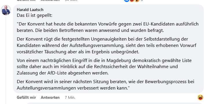 KreuzAcht's tweet photo. Alles wie erwartet:
Vorwurf der "vorsätzlichen Täuschung" ist laut #AfD-Konvent "unbegründet".

Wir werden also Mary Khan-Hohloch und Arno Bausemer im nächsten Europaparlament sehen!

Die Basis wird toben! https://t.co/cccu67PpMD