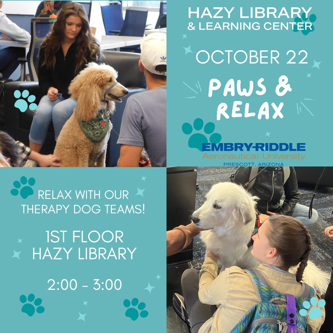 hazylibrary's tweet photo. Come and relax with our friendly therapy dog teams. Take a moment to de-stress so that you can achieve more later. Today at 2pm
#erauHazyLibrary #HazyLibrary #PawsRelax https://t.co/tpCSDAdAFJ