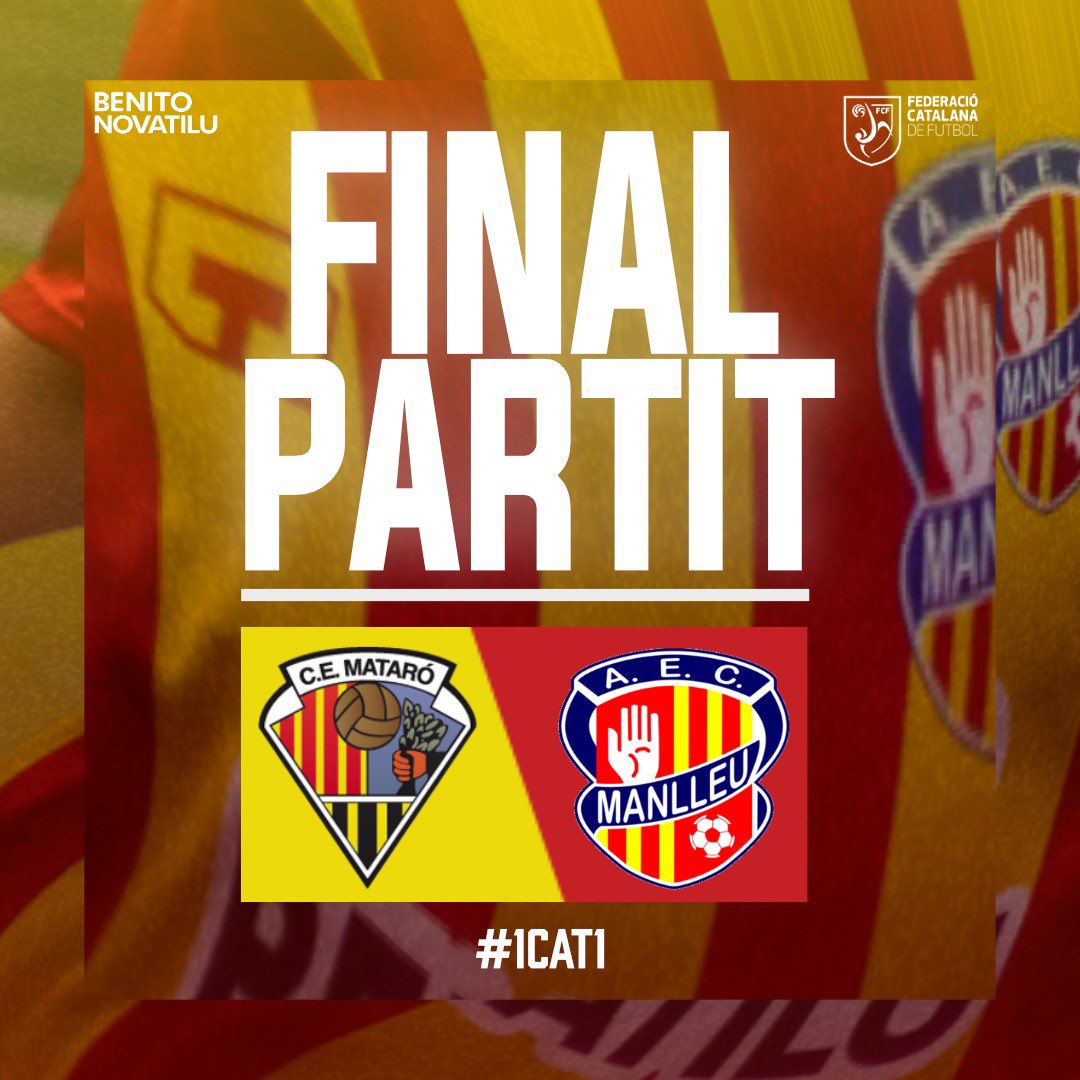 FINAAAAAAL!

Sisena victòria consecutiva del Primer Equip en sis partits. 6/6✅🚀

Seguim invictes!❤️‍🔥 

<a href="/ce_mataro/">CE Mataró</a> 1-2 <a href="/AECManlleu/">AEC Manlleu</a> 

12' ⚽️ Omar
90' ⚽️ Nana

🟡🔴 #somdelmanlleu #1cat1