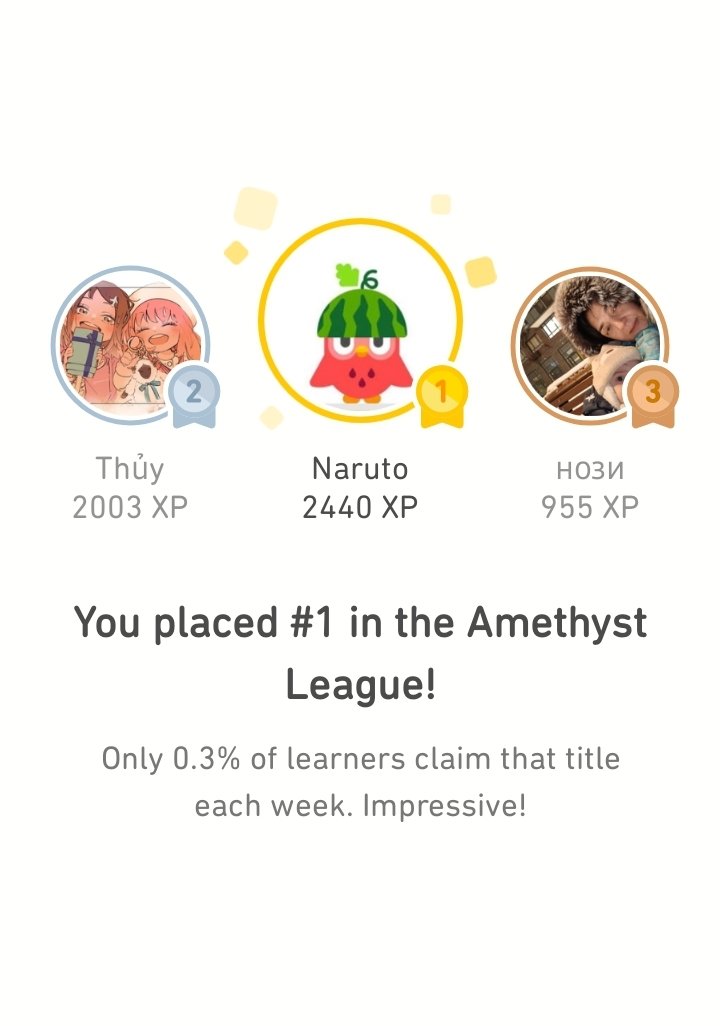 NowSharif's tweet photo. I finished 1st place in Amethyst League on @Duolingo! 🦉💥 https://t.co/b8XCEqi6AO