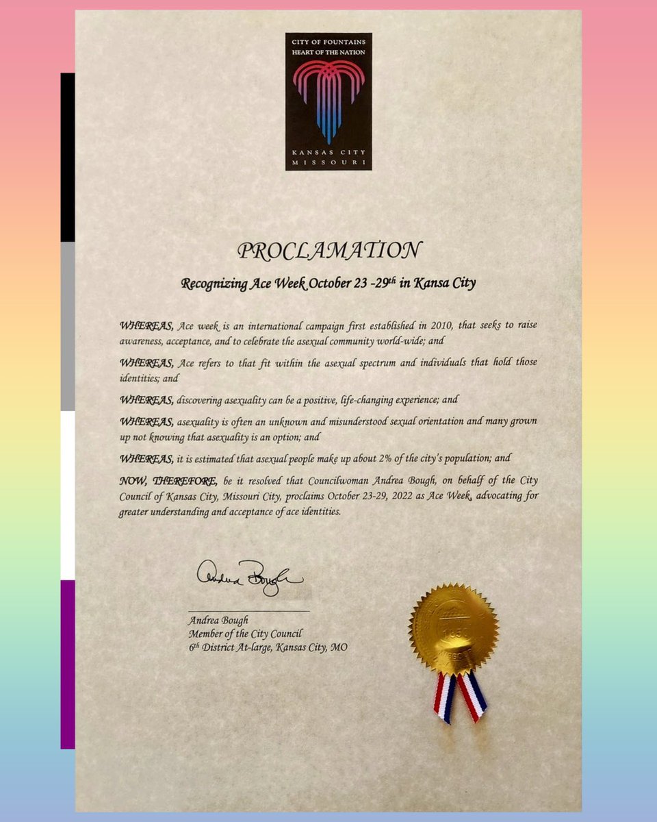In October of last year, folks from the Ace community reached out with the dream of getting #AceWeek recognized in Kansas City for the very first time. 🖤🤍💜

In collaboration with them and Councilwoman Bough, Ace Week was and is officially recognized in Kansas City! (1/2)