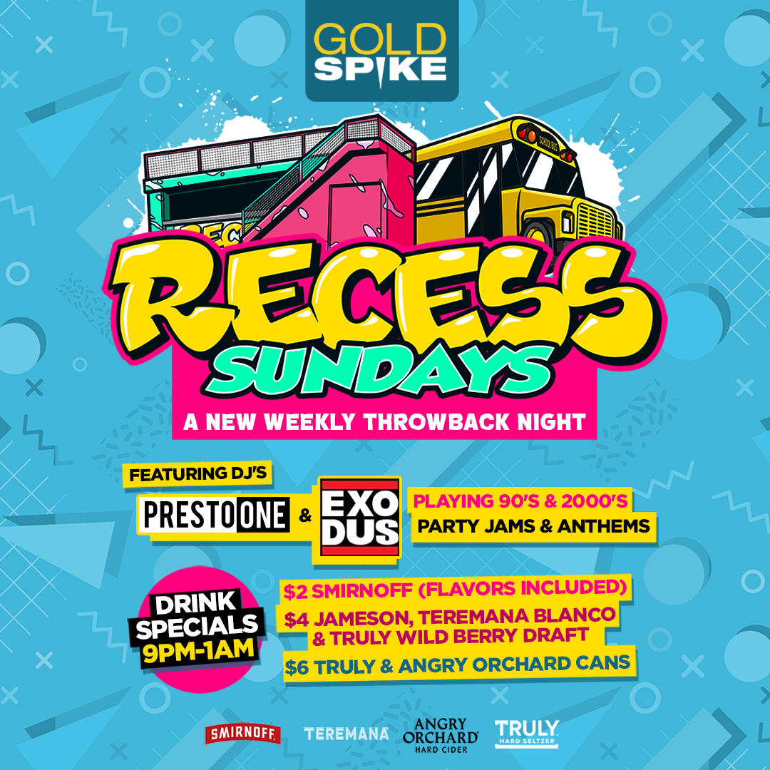 GoldSpikeDTLV's tweet photo. Want to ignore your adult responsibilities for one more day? Say less. Come through for another round of our #RecessSunday. @djexodus will be taking you back with all of your favorite old-school jams. See you in The Backyard at 9 pm. π https://t.co/0EtvfYNr2I
