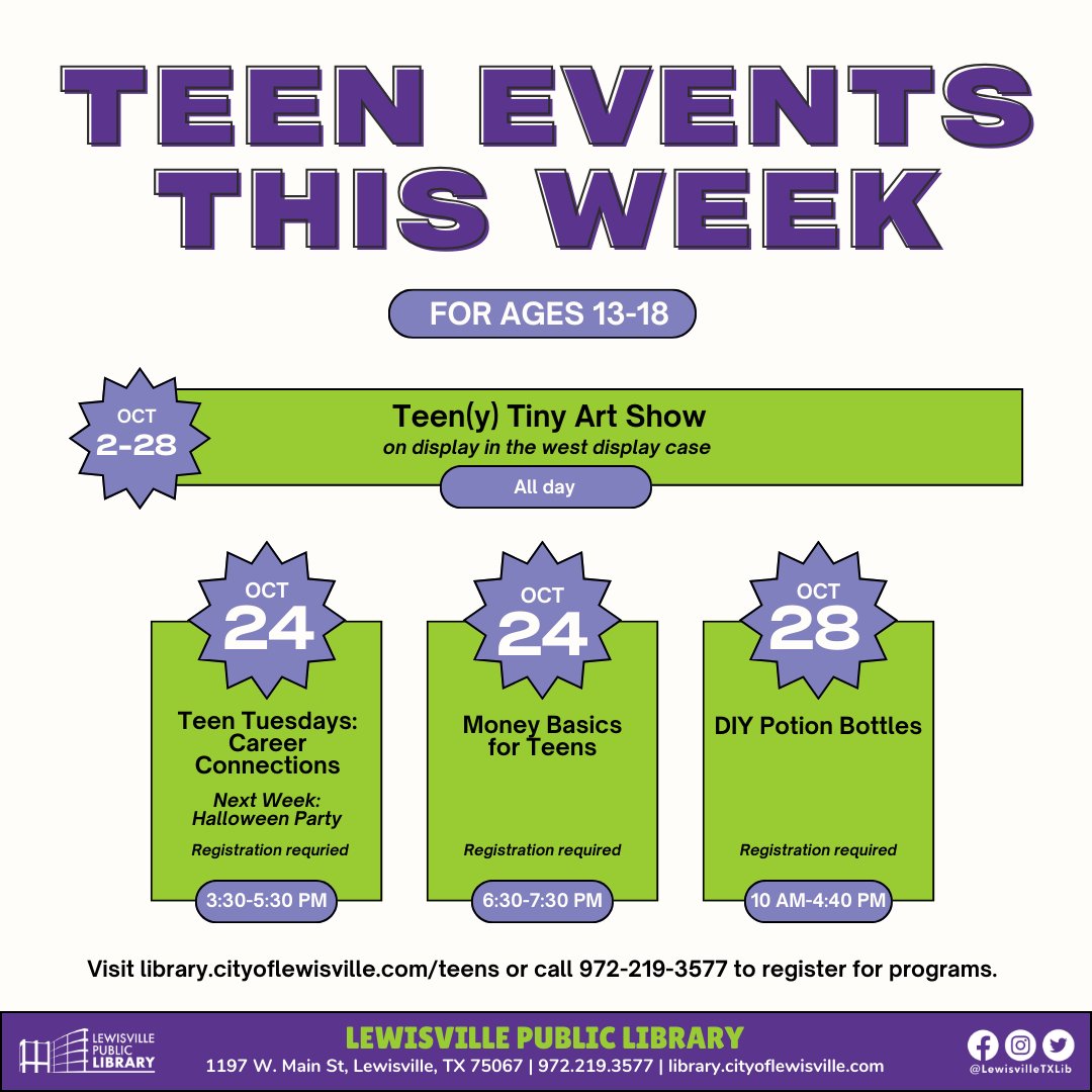 This week at LPL: Join us for our annual Fall Festival, Storytimes, Teen Tuesday, Money Basics for Teens, and more! Be sure to check out the final week of our Teen(y) Tiny Art Show in the west display case. Visit library.cityoflewisville.com for these programs and more.