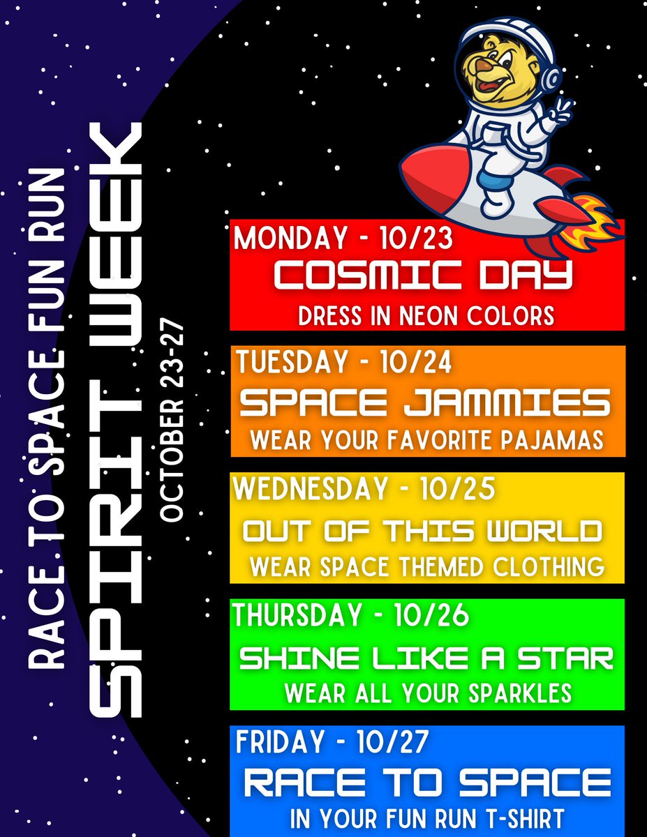 We are racing to space this week! Join in on the spirit days as we count down to Friday’s fun run! 🚀