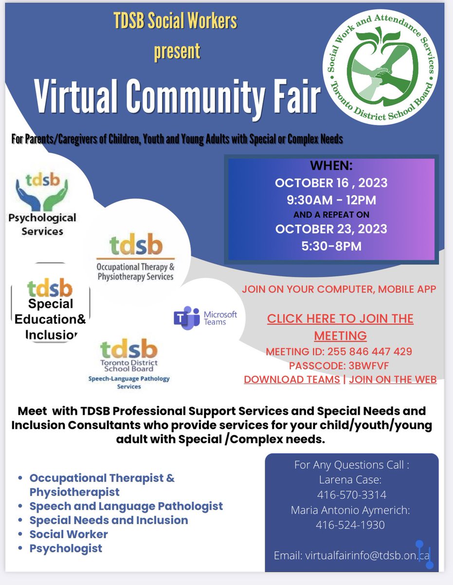 SaraTorDan's tweet image. Happening tomorrow Monday Oct 23 5.30-8pm More info and link to login at drive.google.com/file/d/1MSoHhk…
@TDSB_MHWB @TDSB_SocialWork  @TDSB_Psych @TDSB_OTPT