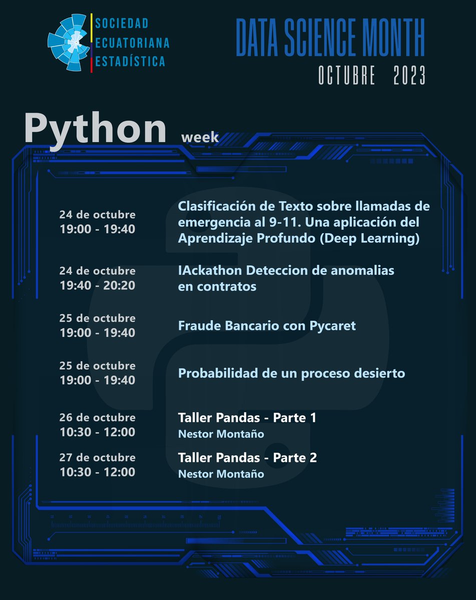 see_estadistica's tweet image. ¡Estamos emocionados de presentar el cronograma del Python Week en nuestro Data Science Month! 🐍📊
Únete a nosotros para explorar las maravillas de Python en estadística y ciencia de datos.
Para conocer más detalles y registrarte, visita:
eventbrite.com/e/entradas-dat…
#PythonWeek