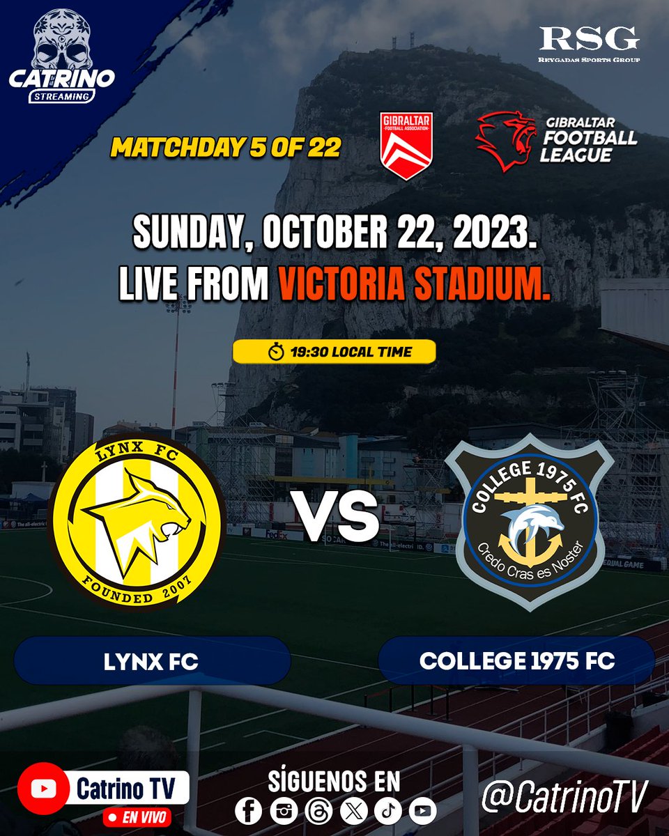 🇬🇧 Join us for the thrilling match between Lynx FC and College 1975 FC, 19:30 local time, at Victoria Stadium. Don't miss this exciting game! ⚽🏆 #Football #FootballMatch #GibraltarFootball #LynxFC #College1975FC #CatrinoTV

🇪🇸 Acompáñanos en el emocionante partido entre Lynx FC