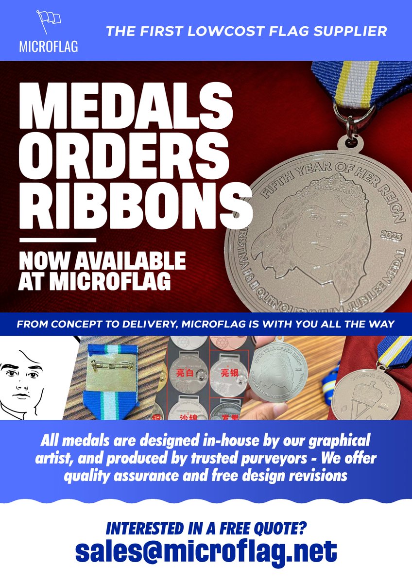 Micro_Flag's tweet photo. 🏅 Are you part of a micronation, like @Cycoldia, seeking high-quality awards to honor achievements and milestones? Look no further! MicroFlag's Medals, Orders, and Ribbons are designed to meet your unique needs. Say goodbye to compromise and hello to excellence. 💫 #Awards https://t.co/pa607ctKp1
