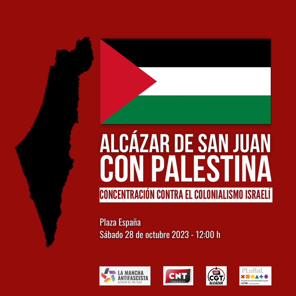 SovCgt's tweet photo. Los Colectivos: LA MANCHA ANTIFASCISTA, CNT, CGT y PLURAL LGTBI+ convocamos una CONCENTRACIÓN A FAVOR DEL PUEBLO PALESTINO, sábado 28 de octubre en la Plaza de España de Alcázar de San Juan, a las 12:00 horas. 
¡Paremos el genocidio del Pueblo Palestino!
¡VIVA PALESTINA LIBRE! https://t.co/r0FrEx5Dpo