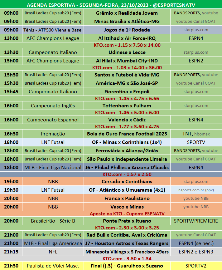 Esportes Na TV 📺 on X: A agenda esportiva deste SÁBADO (11/11/2023) Faça  sua aposta na @KTO_brasil utilizando o cupom ESPNATV no cadastro e garanta  20% de bônus no seu primeiro depósito!