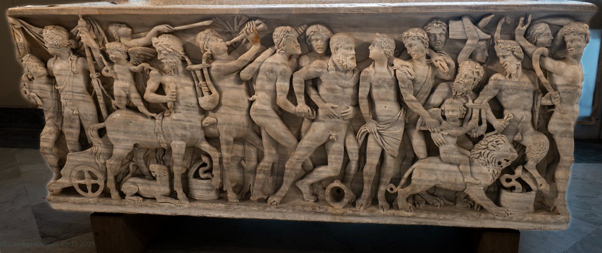 It was #sarcophagusSaturday, & I'm late to the party, kinda like #hercules here, in this procession of Dionysus, which he is trying to crash. The stripes in the marble are cool. Where are the maenads? What's on his neck?  200CE, Museo Arch. di Napoli.