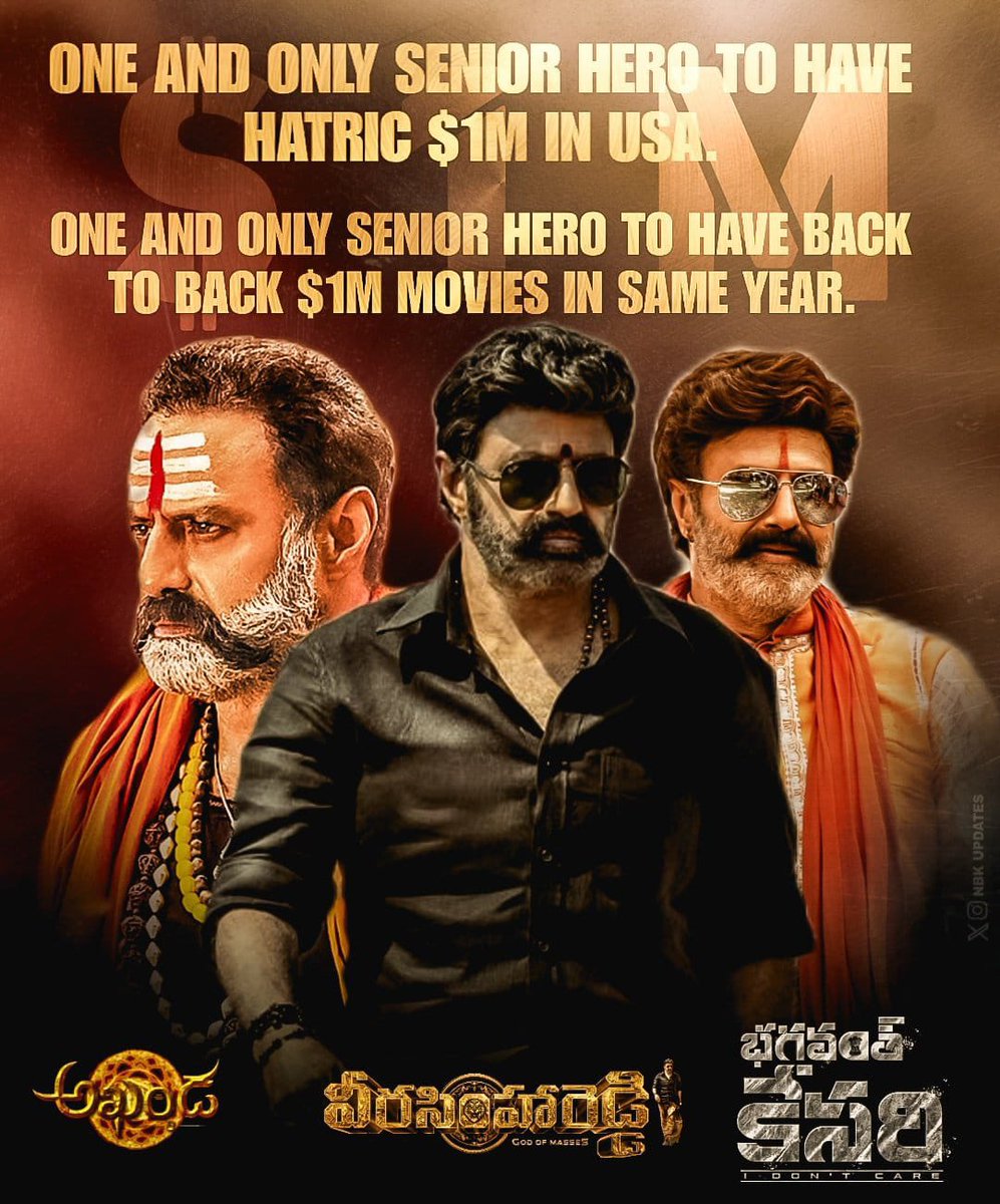 #BhagavanthKesari @ #USA🇺🇸: #MillionDollar Mark

4th #1M For #NBK

First Sr Hero to have Hatrick #1M in USA.

First Sr Hero With B2B #1M Movies

First Sr Hero B2B #1M In The Same Year
#NBK

Premieres $512,680

Day1 $145,625

Day2  $145,246

Day3 $151,627

Day4 $44,892 (Till 2PM…