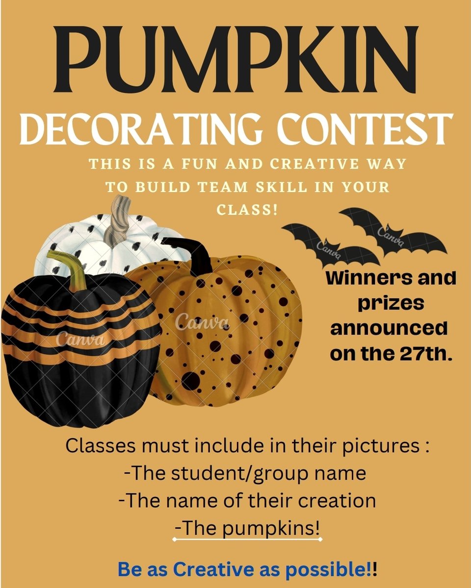 3rd Annual Pumpkin Decorating Contest begins tomorrow! Pumpkins will be delivered during Period 2. Shout out to Thames River Melons for providing us with local pumpkins.

Save those pumpkin seeds for our Horticulture and Culinary Classes! 🎃