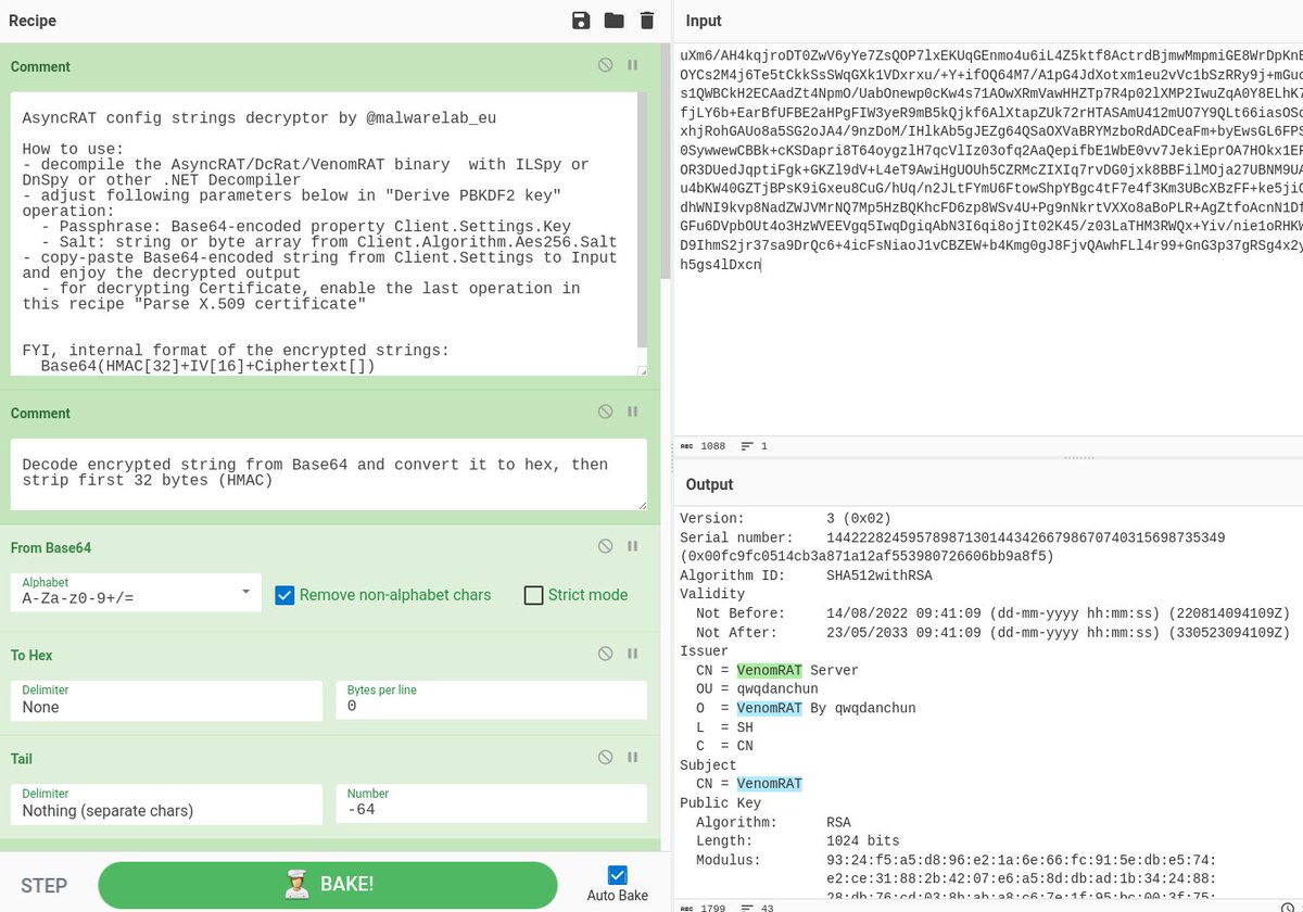 malwarelab_eu's tweet image. Decryption of strings from #AsyncRAT/#DcRat/#VenomRAT configuration with #CyberChef. Little bit of #Dotnet  #reversing and commented recipe with usage of registers for PBKDF2 and AES decryption

Blog post: malwarelab.eu/posts/asyncrat…
Recipe with example input: tinyurl.com/AsyncRatConfig…