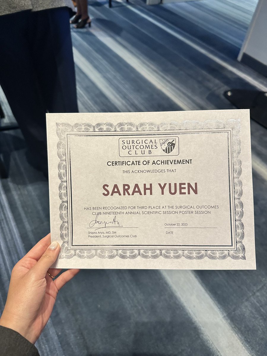 Congrats @SarahYuen_MD for her award at the #SOC2023 @SurgOutcomes annual meeting!! It is her first time at @SurgOutcomes meeting and she won 3rd place for her research!! Beyond proud of @SarahYuen_MD!! The future of surgery is bright! @UCIrvineSurgery @jnahmias1 @ShipraAryaMD