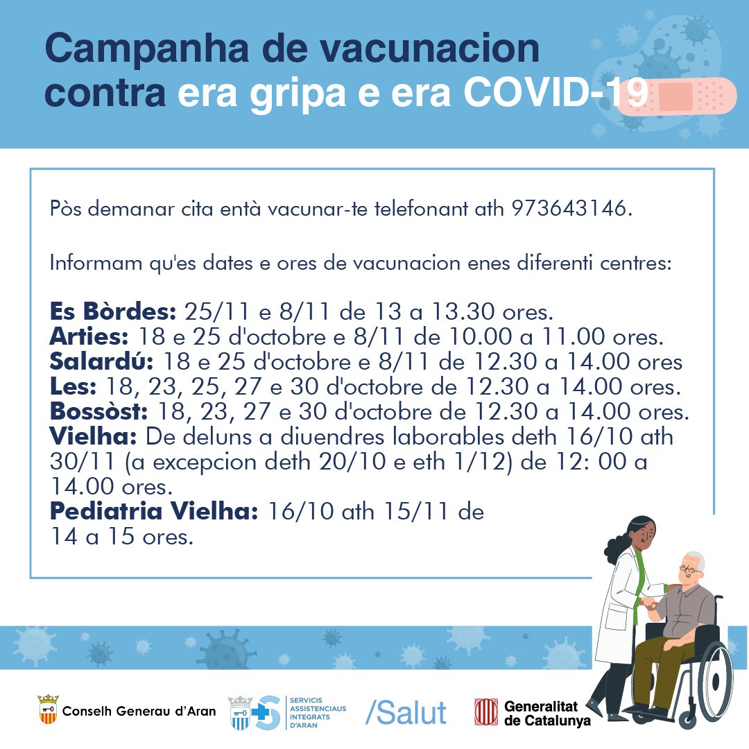 SerAssInAran's tweet photo. 💉Vos demoram enes diuèrsi espacis assistenciaus integrats d'Aran e en Espitau Val d'Aran enes dates e ores establidi ena infografia ara seguida.

☎️Rebrembatz telefonar entà demanar era vòsta cita ath 973 64 31 46.

#gripa #COVID19 #vacunacion https://t.co/0JICKkjOjG