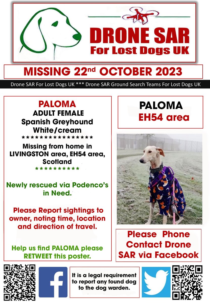 sar_dogs's tweet photo. #LostDog #Alert PALOMA
Female Spanish Greyhound White/cream (Age: Adult)
Missing from home in LIVINGSTON area, EH54 area, Scotland on Sunday, 22nd October 2023 #DroneSAR #MissingDog https://t.co/1CB3UwcEUa