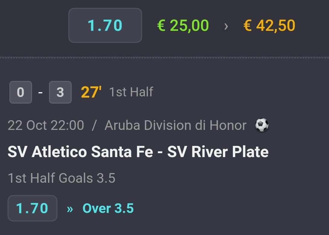 Inplay single 
Aruba
SV Atletico Santa Fe - SV River Plate
Over 3.5 First Half Goals ⚽️
Odds 1.7 📊