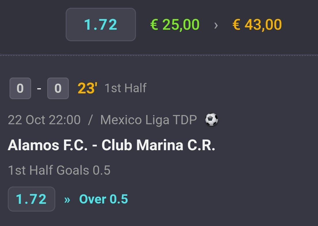 Inplay single 
Mexico
Chivas Alamos FC - Club Marina CR
Over 0.5 First Half Goals ⚽️
Odds 1.72 📊