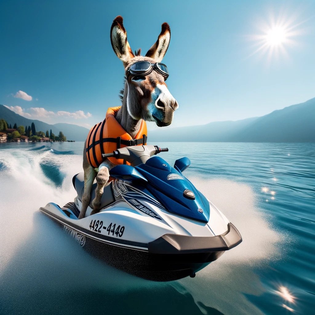 anthonypiegaro2's tweet image. Carson’s prompt for DALLE-3: Can you create an image of a donkey on a jet ski.