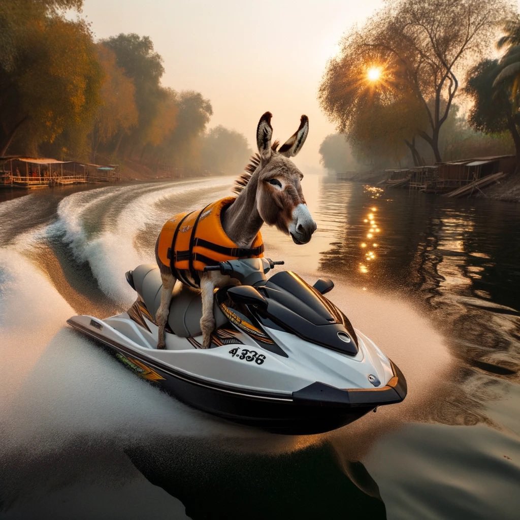 anthonypiegaro2's tweet image. Carson’s prompt for DALLE-3: Can you create an image of a donkey on a jet ski.