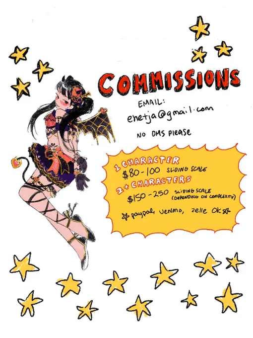 hi, my financial situation is fairly dire right now so i am opening up commissions for the foreseeable future.   email if you're interested, RTs very much appreciated. thanks yall💕