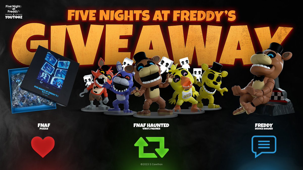 #FNAFMovie giveaway! to enter 👇 ❤️ for the fnaf puzzle 🔁 for the full set of haunted figures ✍️ comment FNAFTOOZ for the freddy device holder 3 winners for each entry announced friday oct 27th🍕