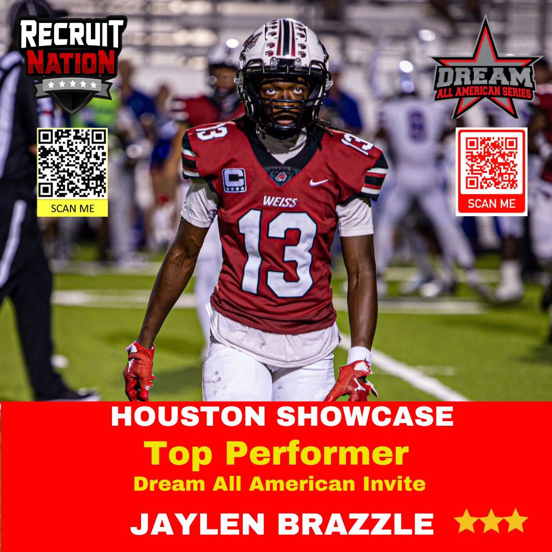 Jaylen_Brazzle's tweet photo. Thank you @dreambowlgame and @RecruitnationCB for naming me top performer at the Houston showcase and making me a 3-star under y’all radar‼️ https://t.co/wfZDyp1drq