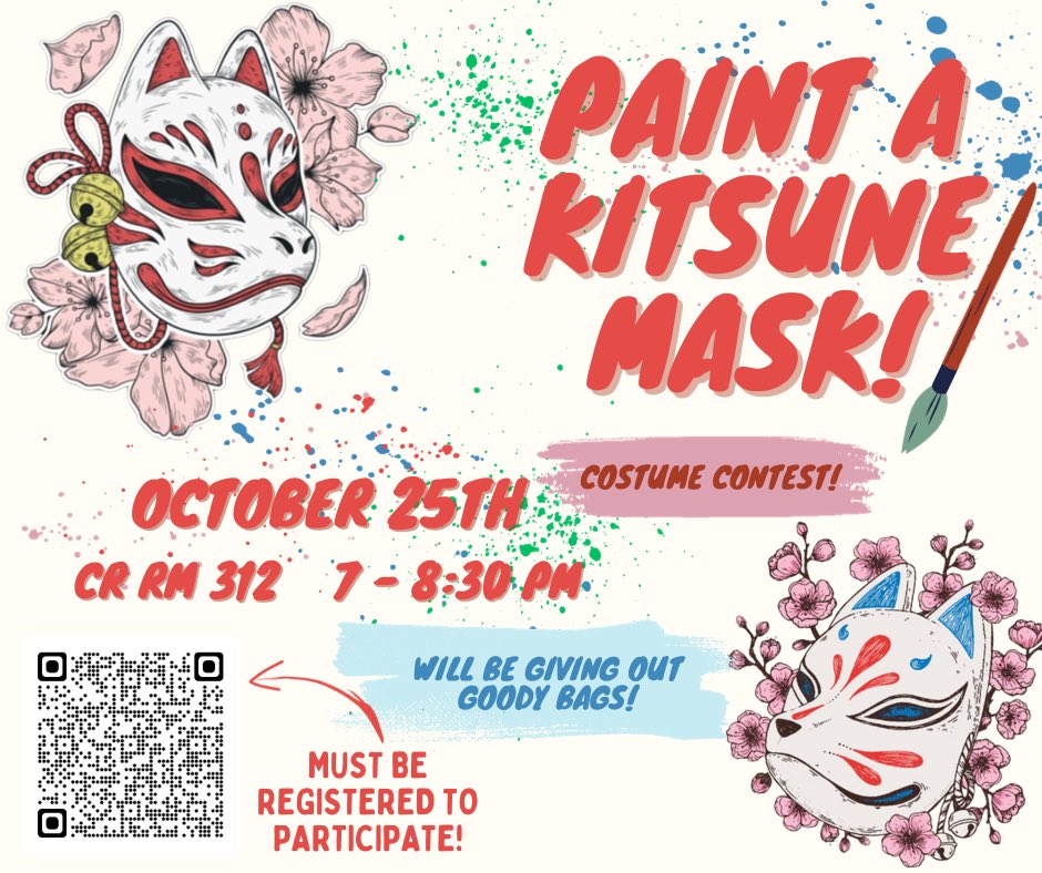 DrakeAnimeClub's tweet photo. Hello all! We are having a special guest, Mr. Tannis, who will be bringing kitsune masks for us to paint in honor of Halloween!! 

For those of you who don’t know CR RM 312 is in upper olmstead! You also MUST be registered in order to participate! https://t.co/yi7bXd76Pv