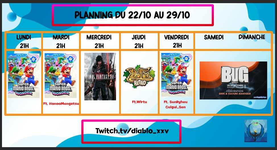 nicolasthurot66's tweet photo. Bonsoireuh, Bonjoureuh X
Nouveau planning de la semaine sur Twitch 🔥 🔥 🔥
#twitch #twitchfr #twitchstreamer #SuperMarioBrosWonder #FinalFantasy #FINALFANTASYXVI #DofusRetro #BugDays #NintendoSwitch #Nint https://t.co/U9xeb5xQrf