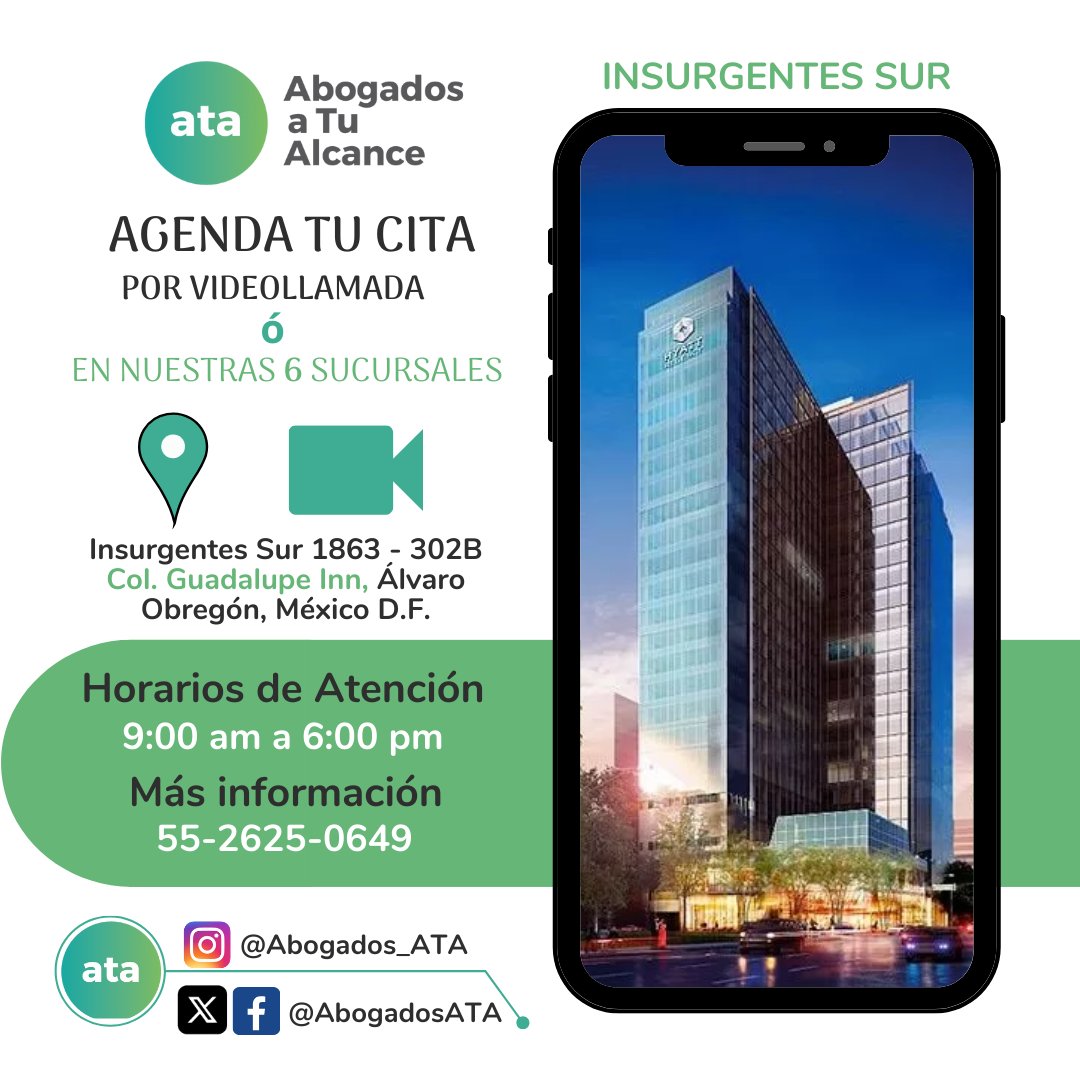 AbogadosATA's tweet photo. ¿Necesitas ayuda legal? ATA te escucha, te asesora y te acompaña. ¡Agenda hoy tu consulta por videollamada y obtén asesoramiento legal desde la comodidad de tu hogar! También puedes agendar en una de nuestras 6 oficinas para un trato personalizado y cercano. https://t.co/EjgILlA1Zz