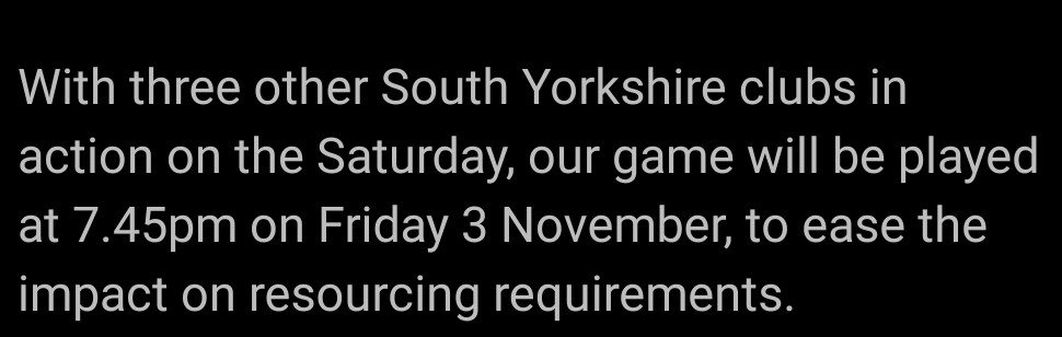 pilleyphil's tweet photo. @The_Mannster @HorshamFC @BarnsleyFC Looks like security for the game could be compromised due to not enough Policing to cover all south Yorkshire clubs who are playing  at home over the weekend on The Saturday. https://t.co/5GgyRryDpb