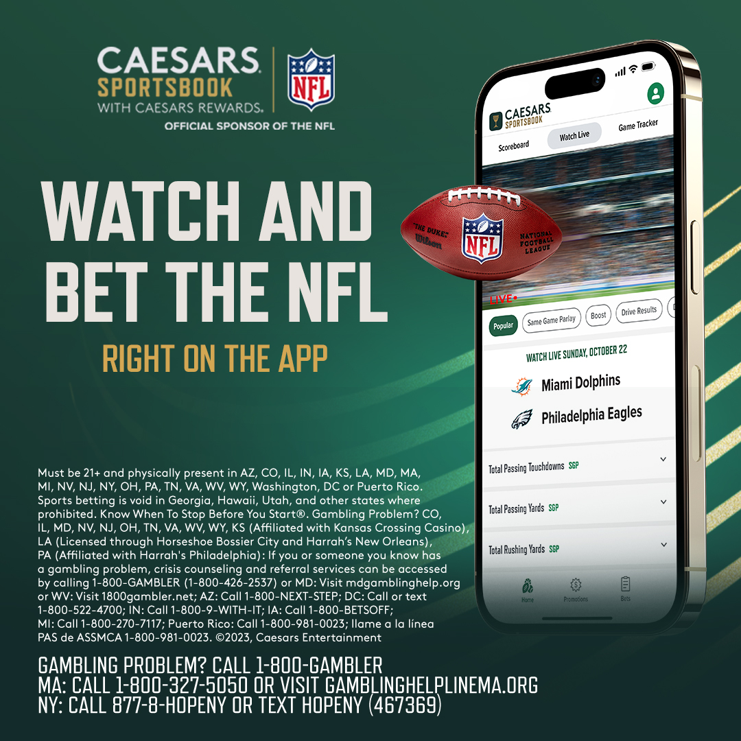 TropicanaAC's tweet image. Watch and bet on all the #NFL action starting with the Dolphins vs. Eagles game tonight right inside the @caesarssports app!