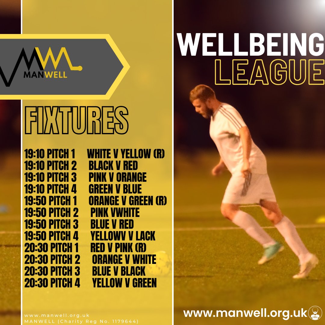 Your fixtures for tomorrow's Tiber #Wellbeing #League action! Want a piece of the action? Visit manwell.org.uk #Manwell #Wellbeing #League #Football #nomanleftbehind
