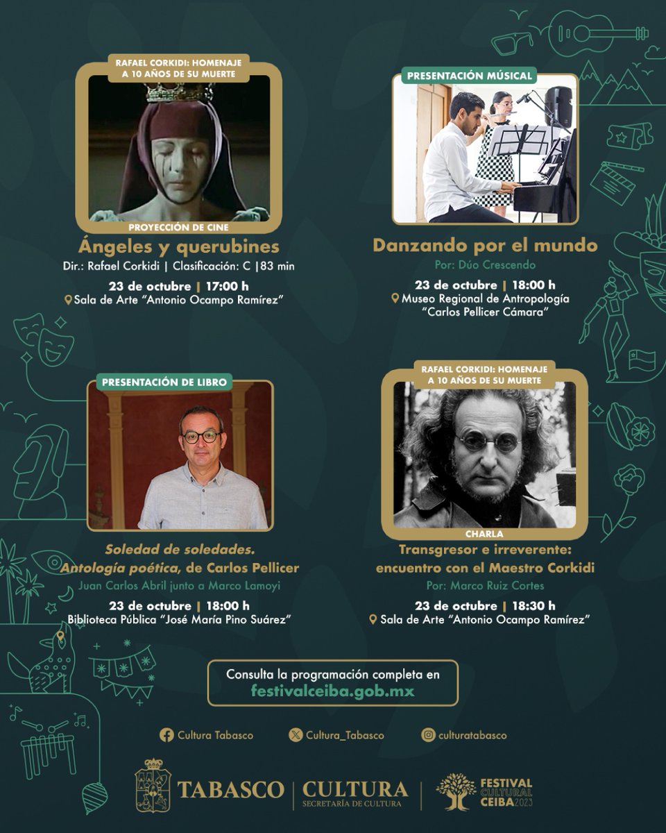 El #FestivalCeiba2023 estará lleno de eventos que te cautivarán

Les compartimos el programa de actividades del 23 de octubre

Todos los eventos son gratuitos

<a href="/Cultura_Tabasco/">Cultura_Tabasco</a> <a href="/Turismo_Tabasco/">Secretaria de Turismo y Desarrollo Económico</a> <a href="/AmavTabasco/">Recorre el Edén</a> <a href="/AMHMT/">Hoteles Tabasco</a> <a href="/calderonalipi82/">J C Calderon</a>