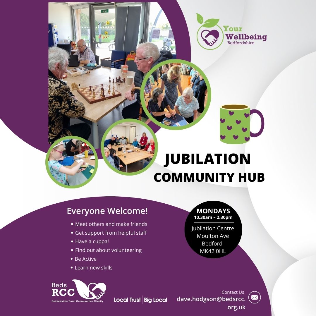 bedsrcc's tweet photo. Come along to our brand new Community Hub at the Jubilation Centre on on Mondays 10.30am-2.30pm. Meet our friendly staff, have a cuppa, make friends, volunteer, get active.

#MakeFriends #LearnSkills #Volunteer#CommunityHub #BRCC #BedsRCC https://t.co/vOtao5DIze