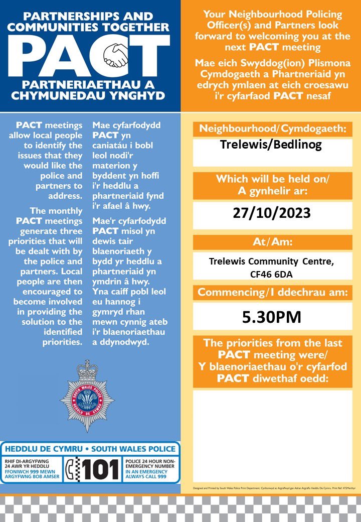 Pleased to announce that PACT meetings for Trelewis and Bedlinog are being reinstated.
Everyone welcome. 
(The plan is to alternate between the villages but the first couple will be at Trelewis)