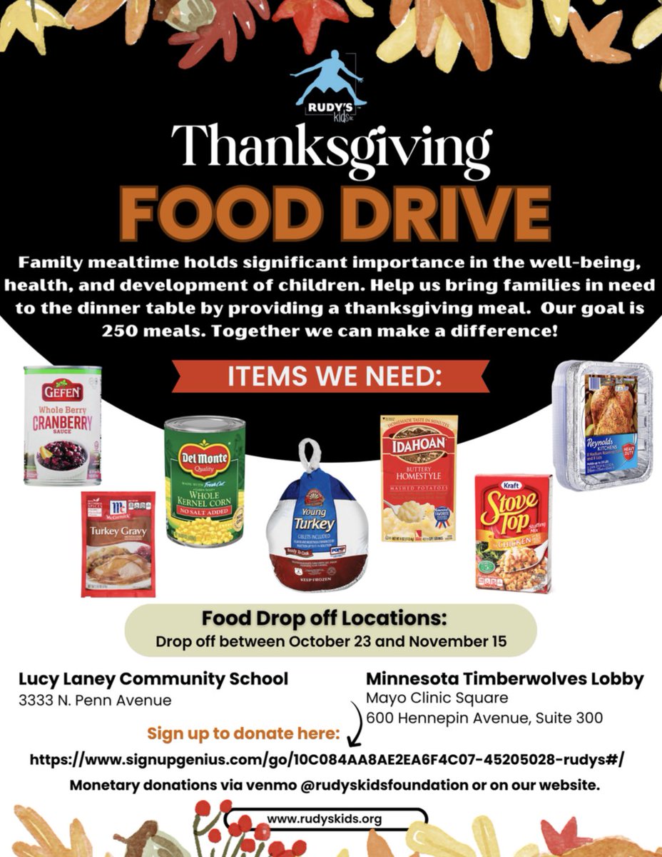 Help us bring families in need to the dinner table by providing a Thanksgiving meal. This year we are hoping to collect enough food to provide 250 full Thanksgiving meals, but we can’t do it without your participation! Help and donate > signupgenius.com/go/10C084AA8AE…