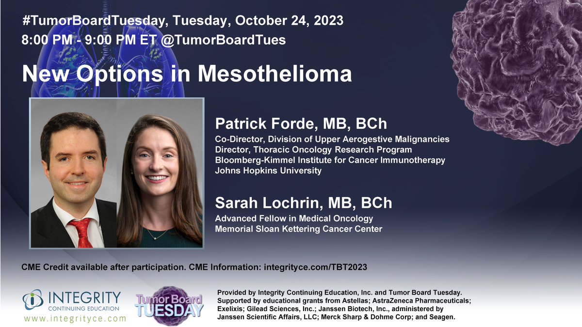 ☘️#ESMO23 developments + updates on #Mesothelioma treatments are perfect timing for this week’s #TumorBoardTuesday! 🇮🇪@FordePatrick @LochrinSarah are teaming up & putting finishing touches on their #LungCancer case 🫁Join us 10/24 at 8pm ET here! #CME integrityce.com/TBT2023👈🏼