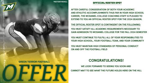After a great visit I am blessed to receive an offer from <a href="/McDaniel_FB/">McDaniel College Football</a> 

<a href="/SMAC_Football/">SMAC Football</a> 
<a href="/WHS_MD_Football/">Westlake Football</a> 
<a href="/passrushacademy/">passrushacademy</a>