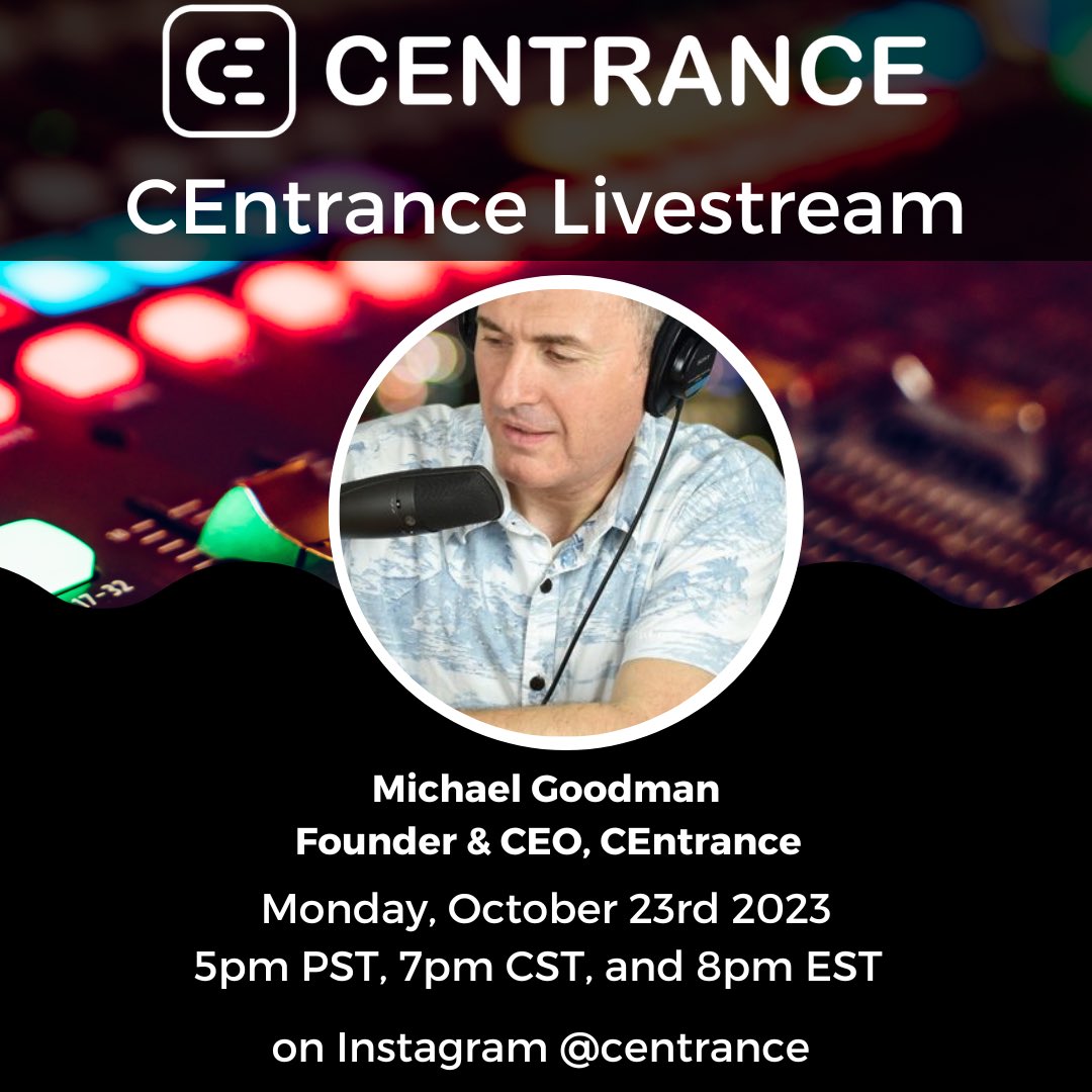 CEntrance Founder and CEO, Michael Goodman is back tomorrow with another livestream on our Instagram page to discuss all things music, tech, and of course, special sneak peeks of what we have going on at CEntrance HQ! Make sure to tune in!

#centrance #audio #music #podcast